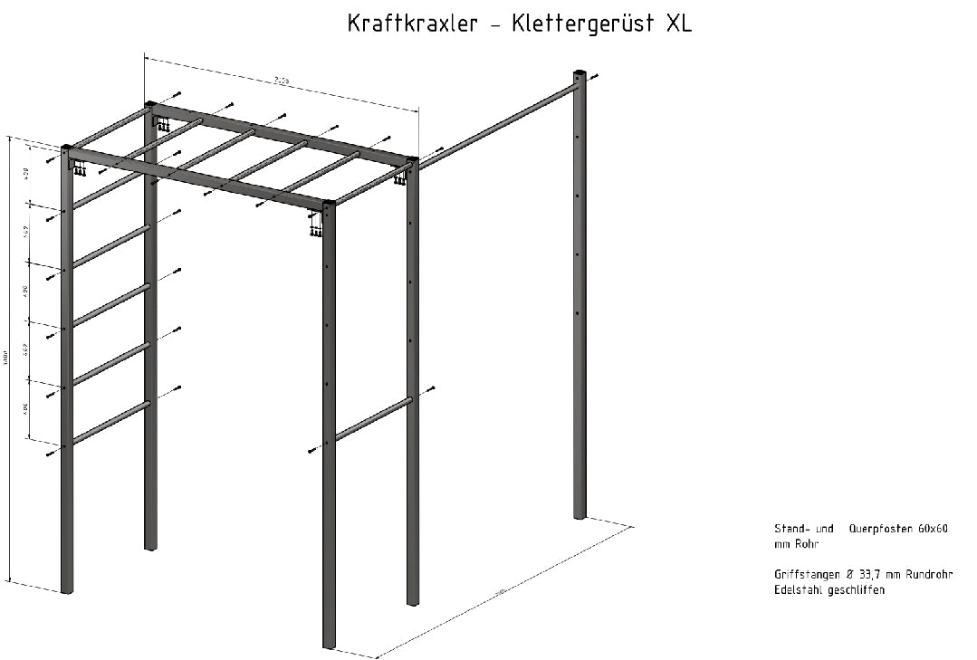 Das ist ein Klettergerüst aus Stahl, das Kraftkraxler heißt. Auf dem Bild ist ein Zeichnungsentwurft mit Maßangaben der Griffstangen und Rundrohre aus Edelstahl.