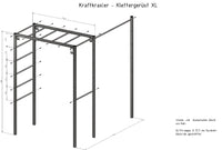 Das ist ein Klettergerüst aus Stahl, das Kraftkraxler heißt. Auf dem Bild ist ein Zeichnungsentwurft mit Maßangaben der Griffstangen und Rundrohre aus Edelstahl.