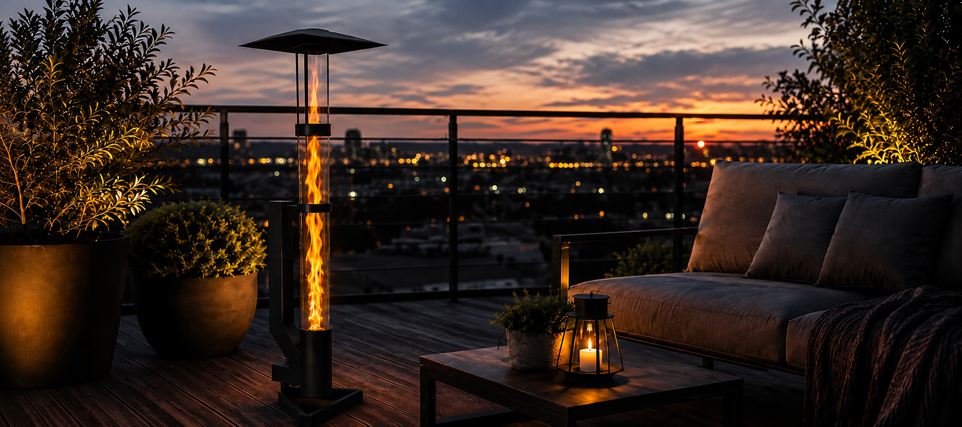 Pelletfackel aus Stahl für Garten und TErrasse mit Glaszylinder und  Tornadoflamme. Exklusiv Outdoor-Feuersäule, Gartenfackel und Terrassenfeuer aus hochwertigem STahl von Stahlsein - langlebig, modern und mit Holzpellets betrieben. 